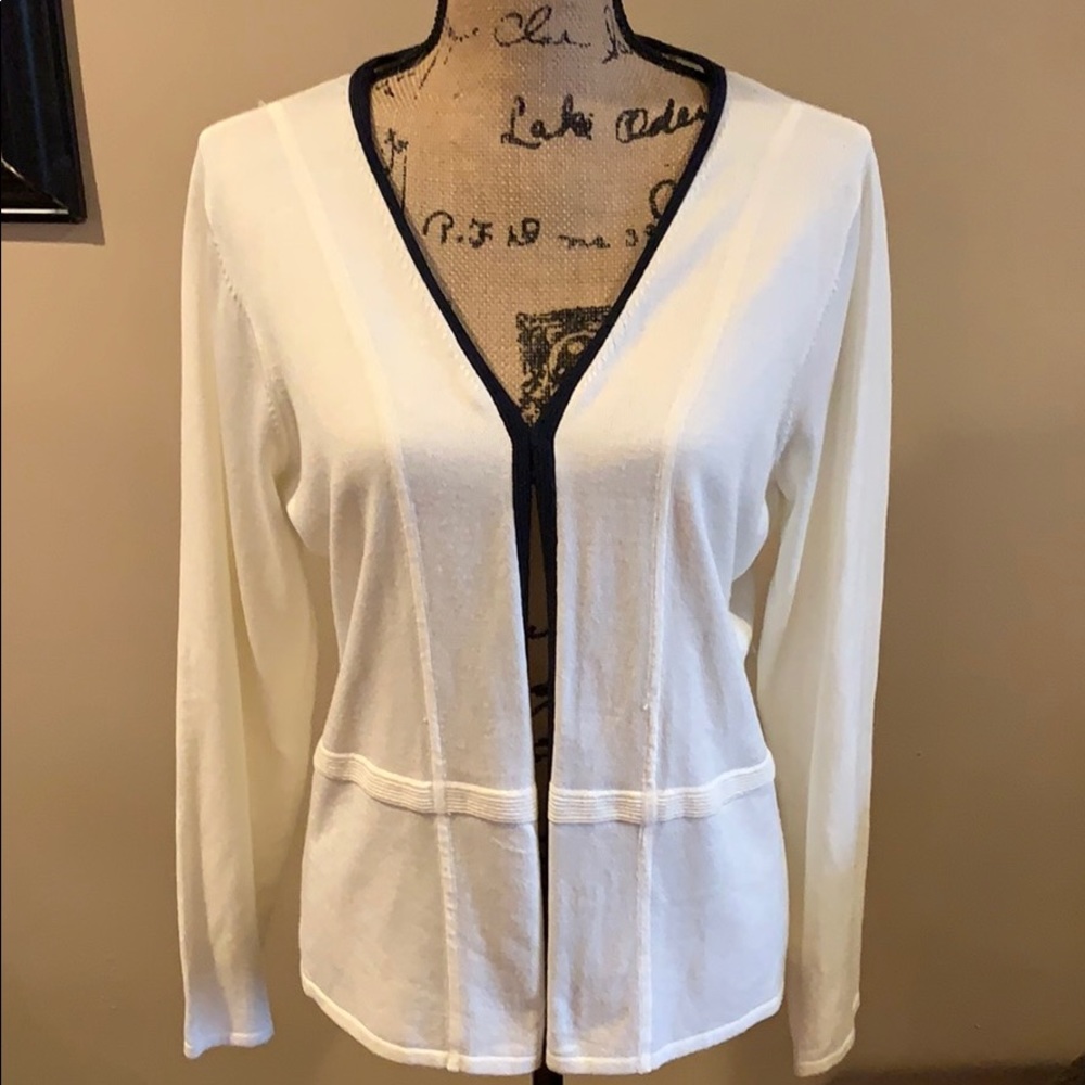 VILLAGER lightweight Ivory Cardigan, Navy Piping